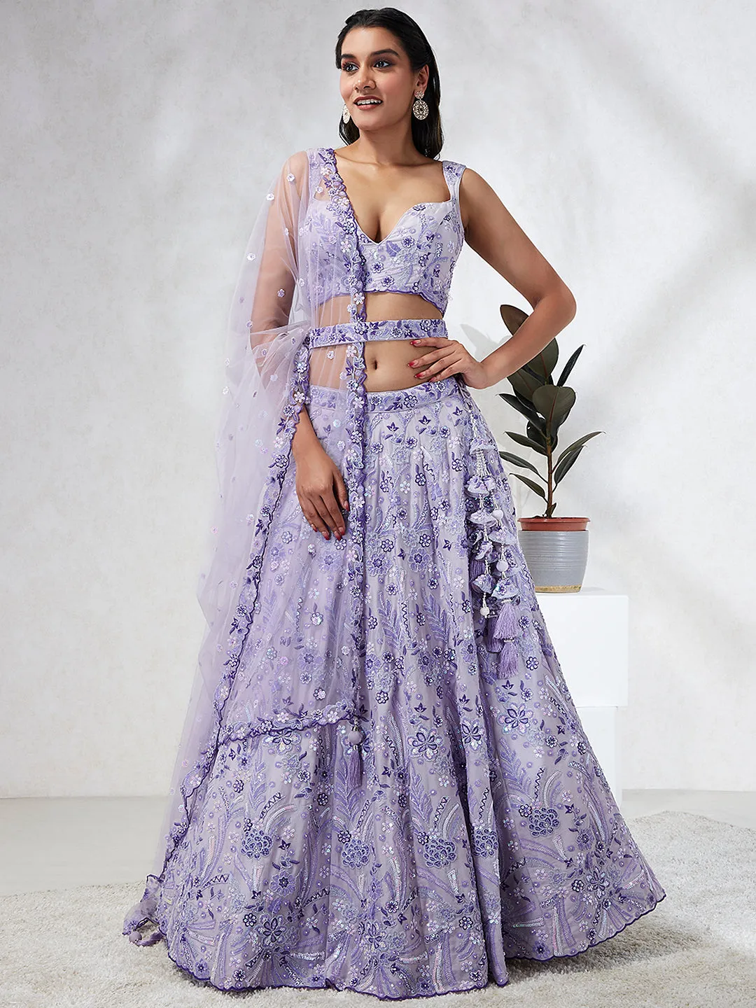 Enchanting Lavender Sequined Lehenga Choli Set with Exquisite Embroidery