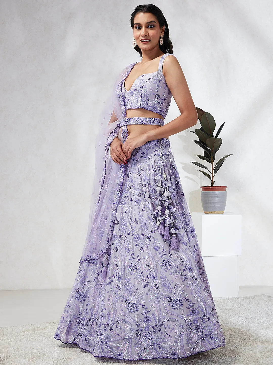 Enchanting Lavender Sequined Lehenga Choli Set with Exquisite Embroidery