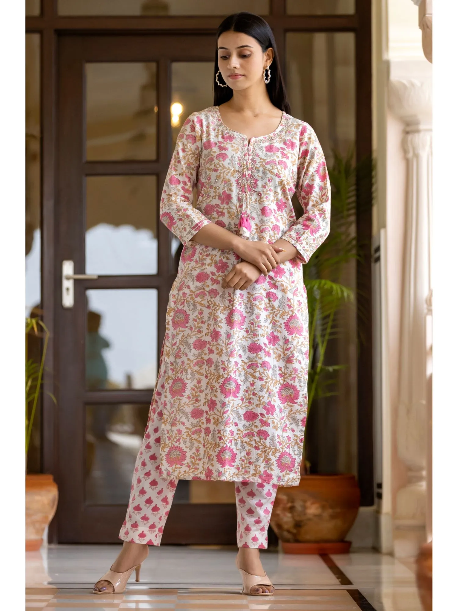 Enchanting Light Pink Hand block Printed Cotton Suit Set with Mirror & Tikki Work