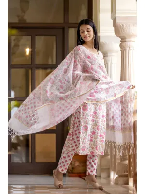 Enchanting Light Pink Hand block Printed Cotton Suit Set with Mirror & Tikki Work