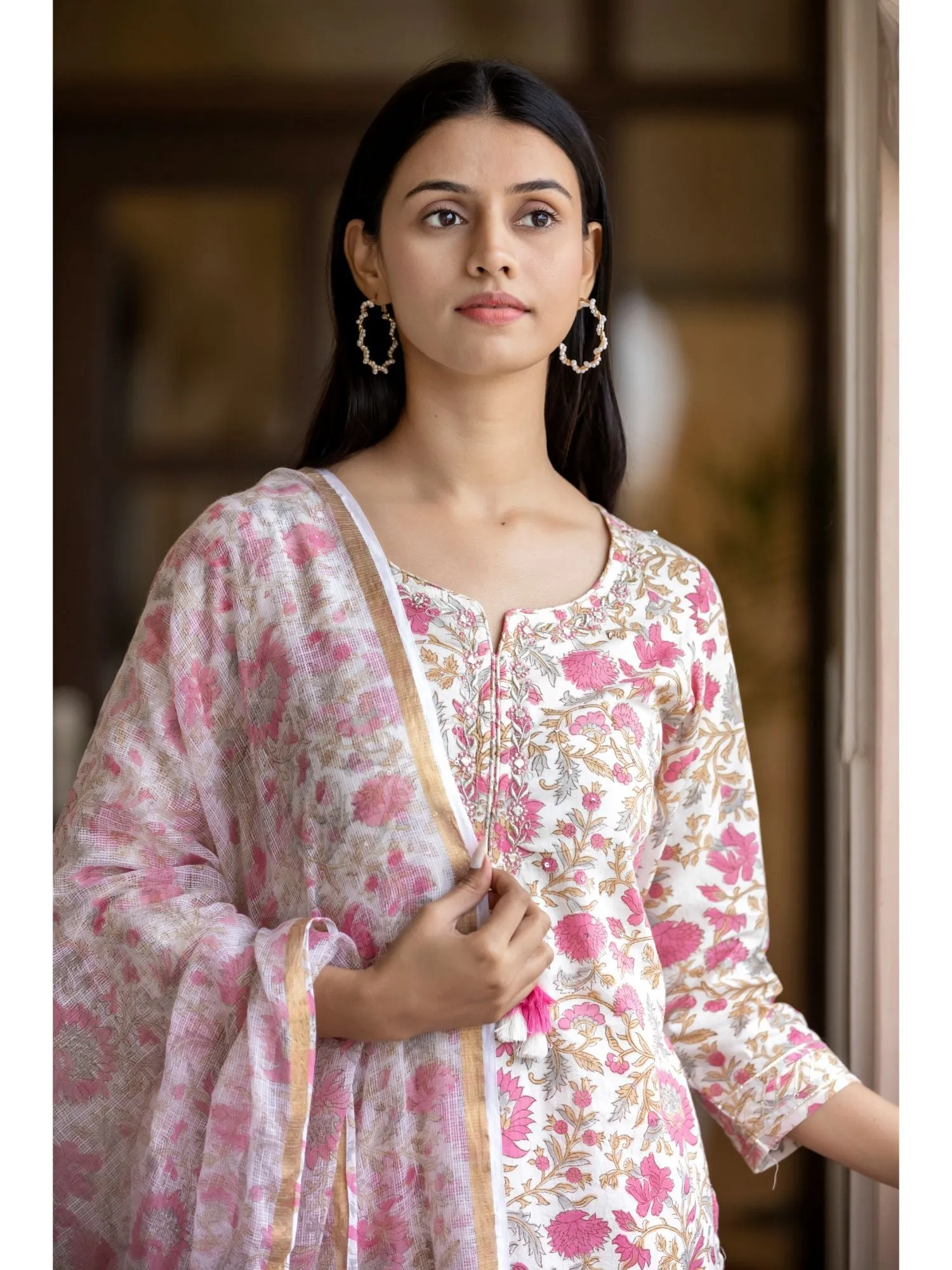 Enchanting Light Pink Hand block Printed Cotton Suit Set with Mirror & Tikki Work