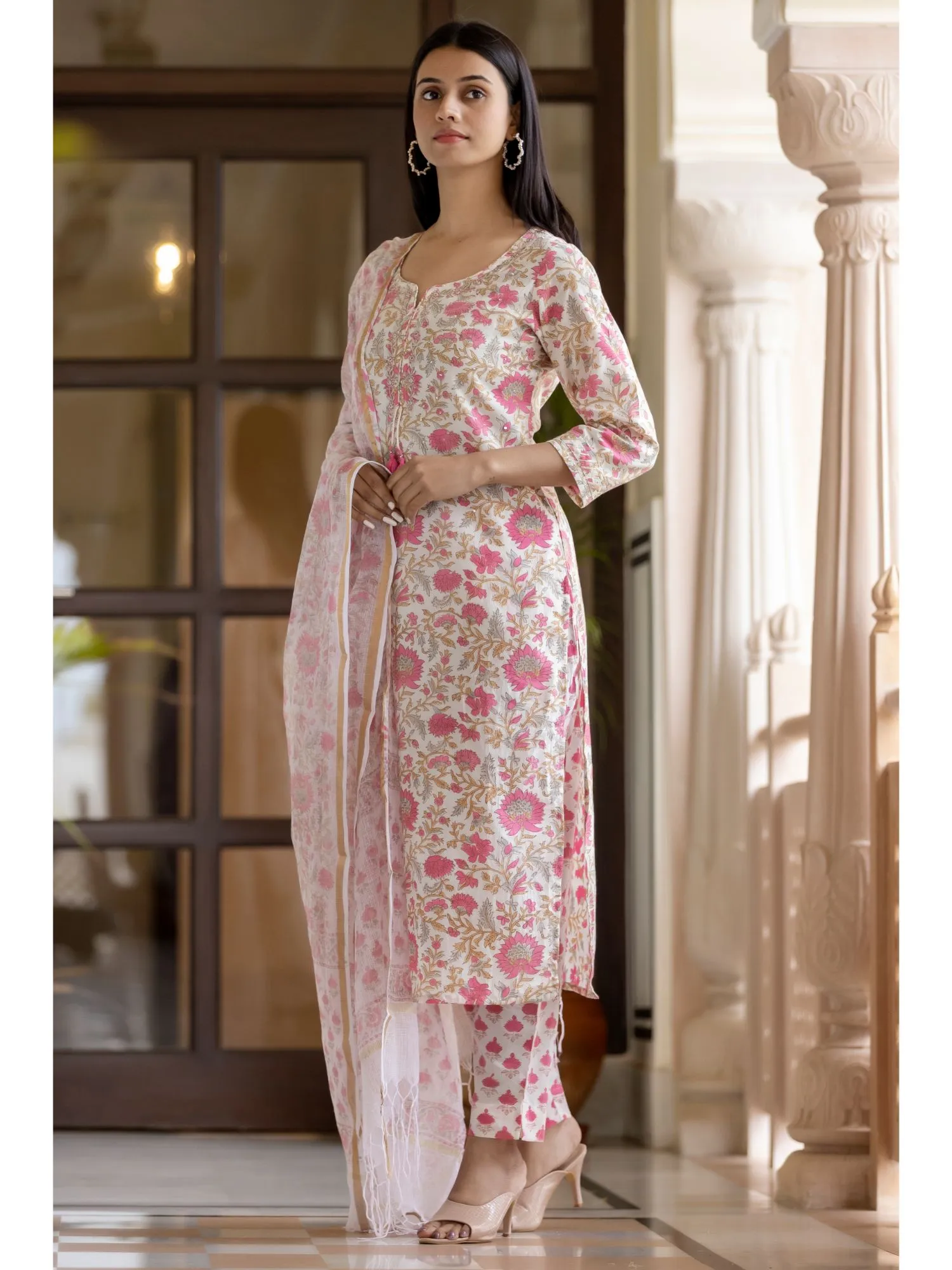 Enchanting Light Pink Hand block Printed Cotton Suit Set with Mirror & Tikki Work