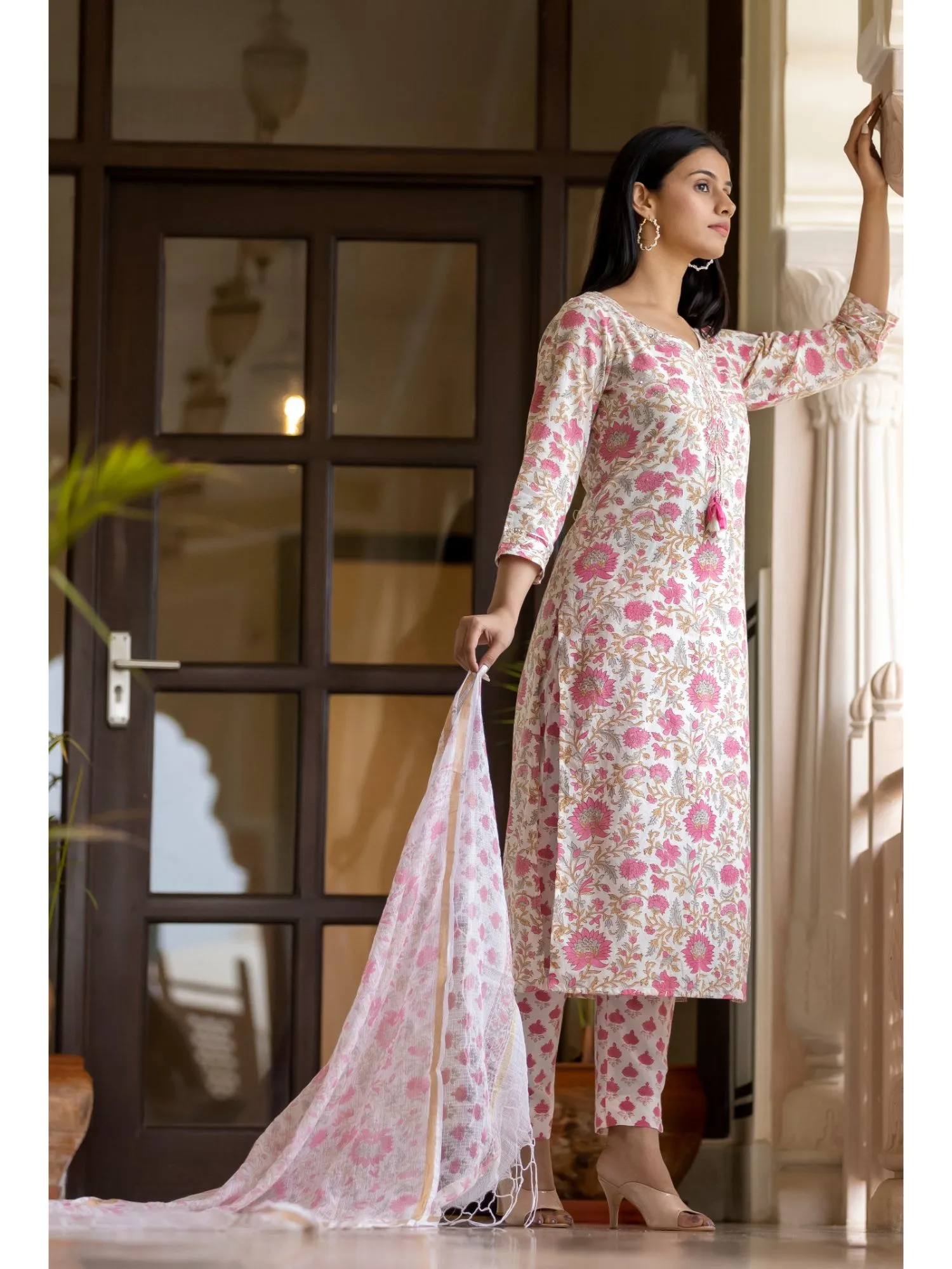 Enchanting Light Pink Hand block Printed Cotton Suit Set with Mirror & Tikki Work