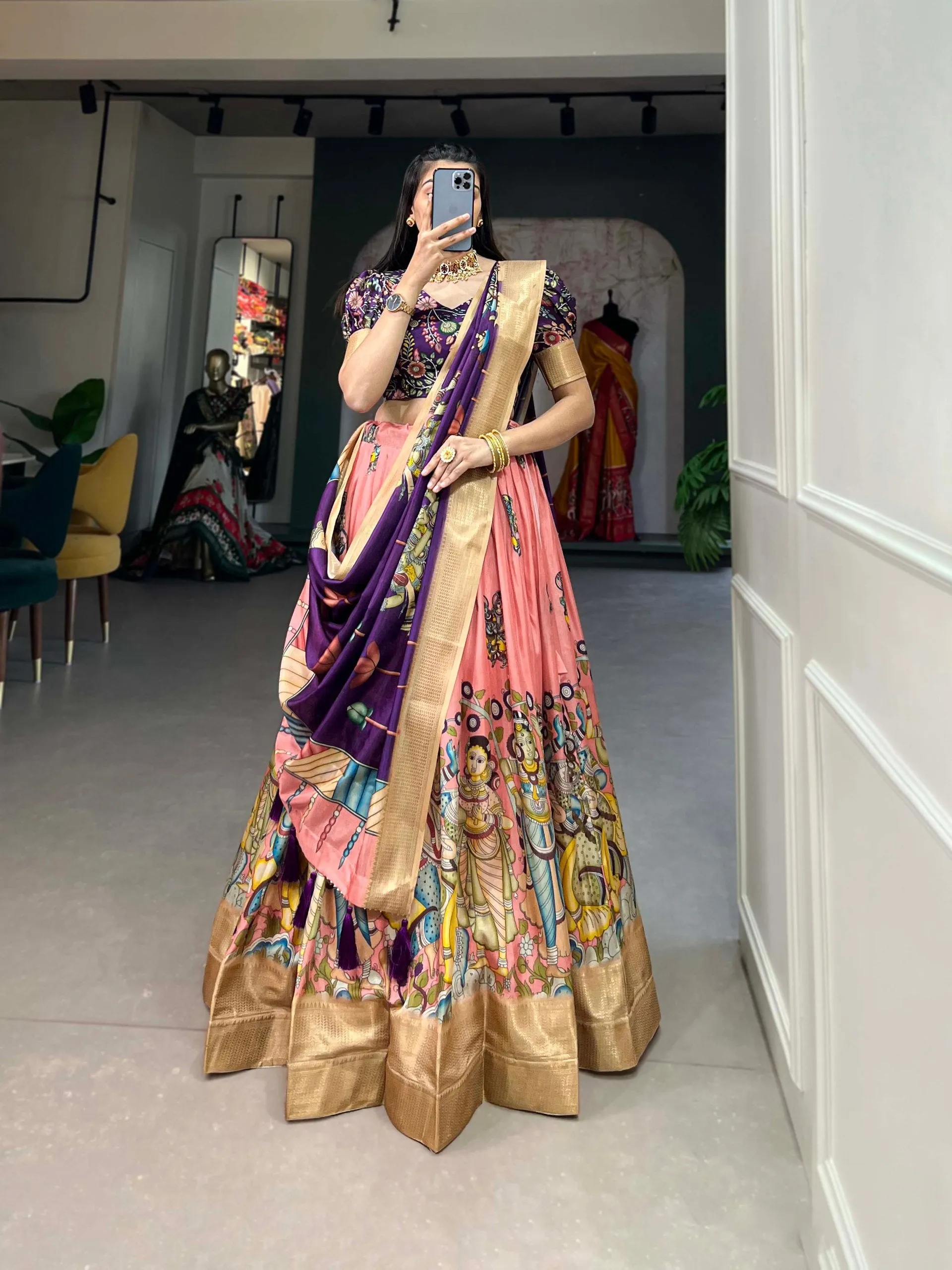 Enchanting Peach Dola Silk Lehenga Choli with Kalamkari Print