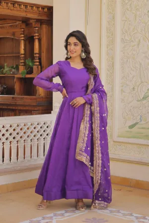 Enchanting Purple Russian Silk Gown-Dupatta Set with Exquisite Sequined Embroidery and Lace Border