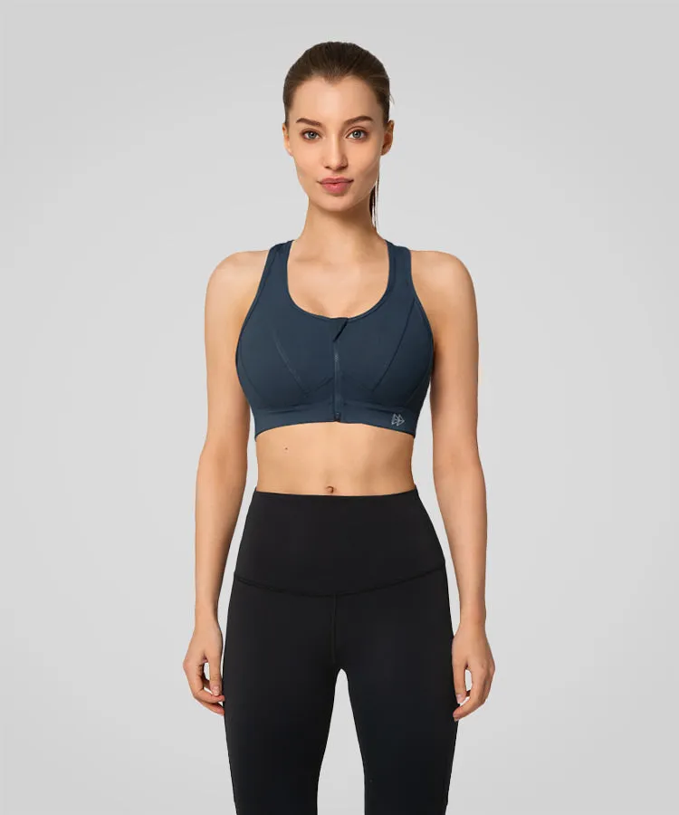 Enfold Zip Front Mesh Racerback Padded Running Bra | Women's High Support Sports Bra