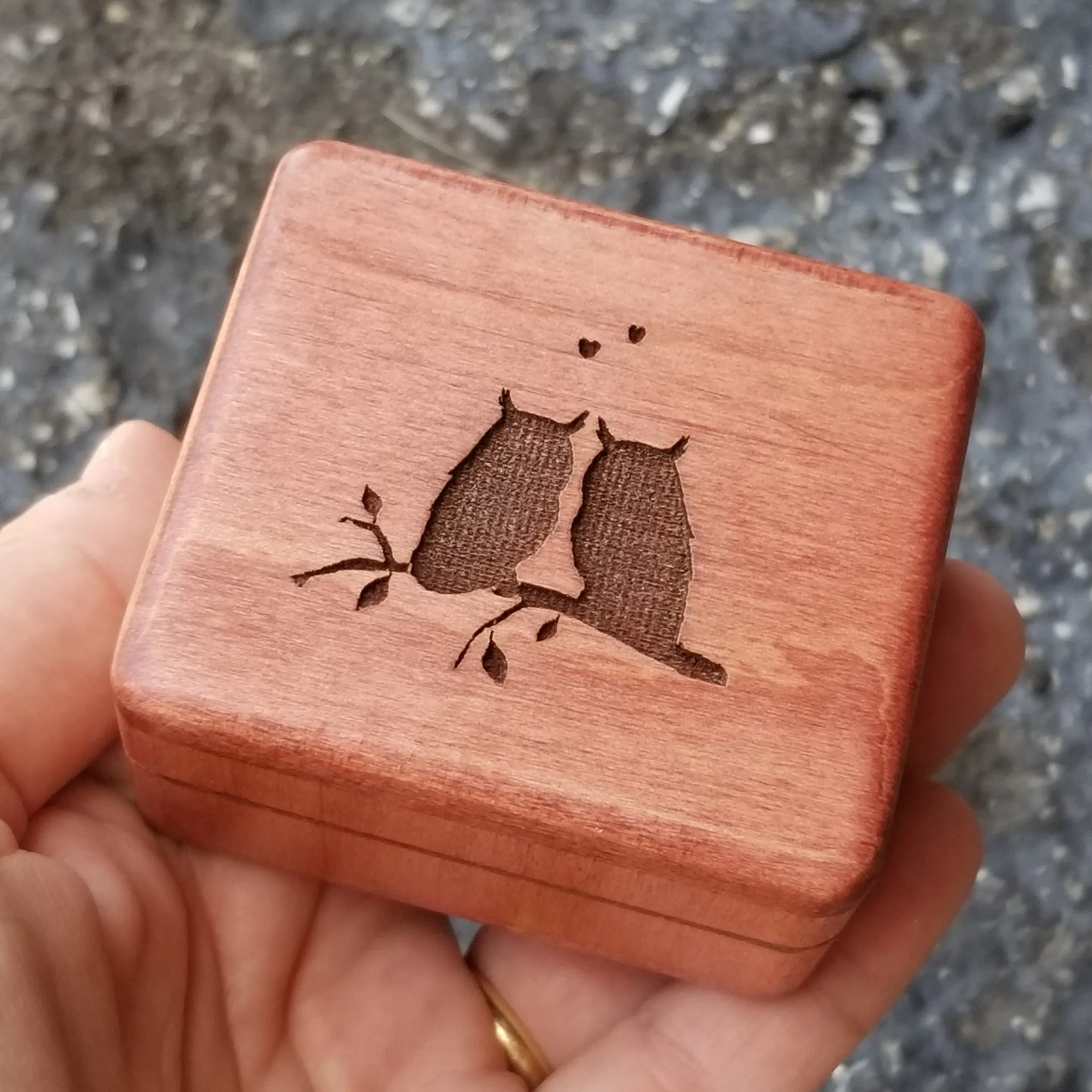 Engagement box with owls, custom engraved with monogram or date, personalize