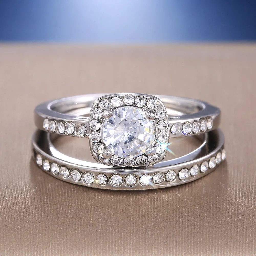 Engagement Jewelry Classic Straight Band Rings with Round Cut Zircon in Silver Color