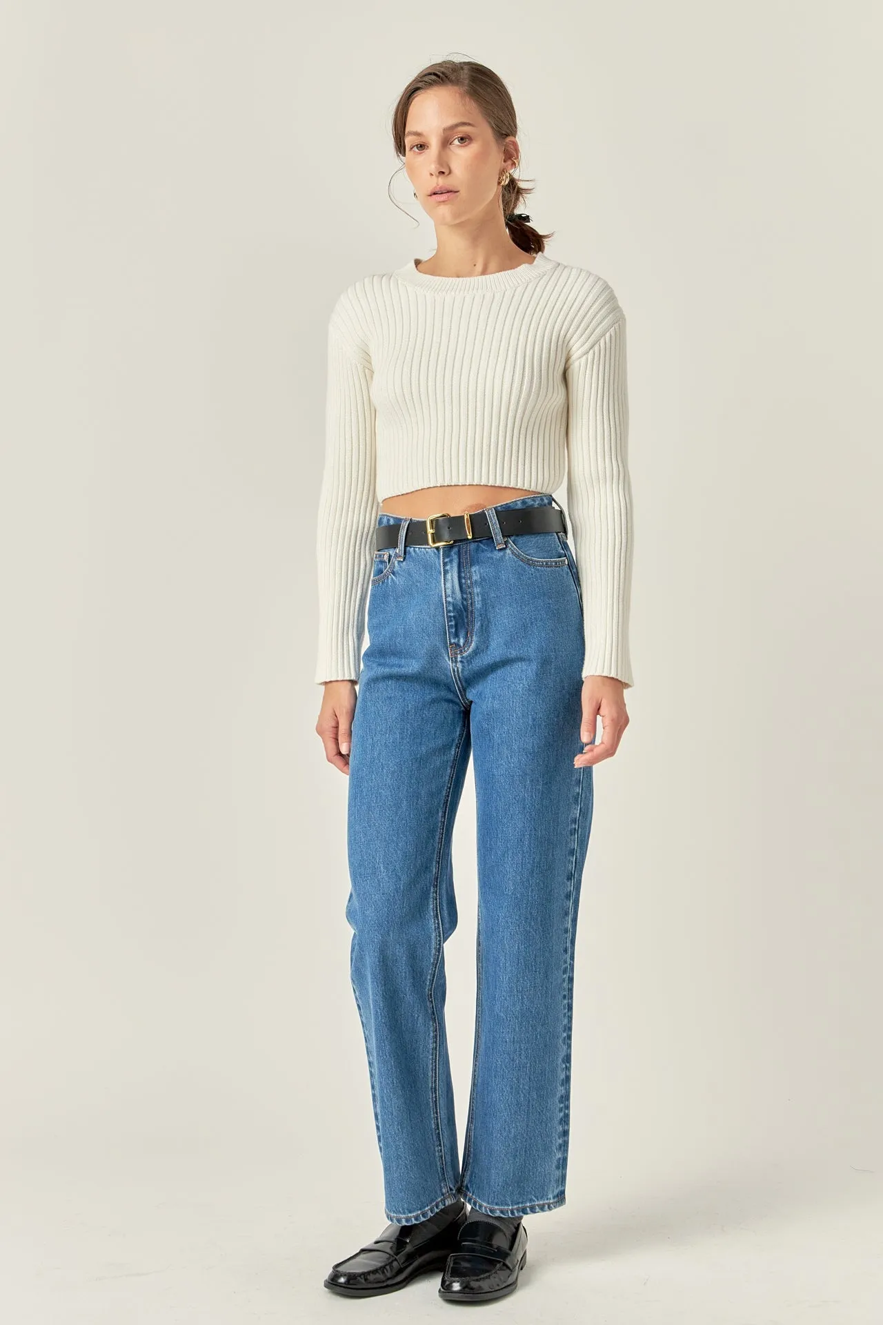 English Factory - Cropped Ribbed Knit Sweater