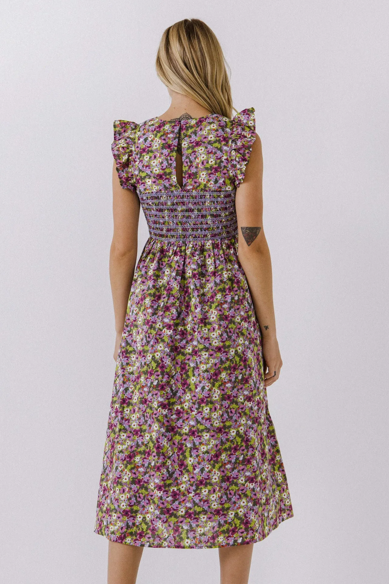 English Factory - Floral Smocked Sleeveless Midi Dress