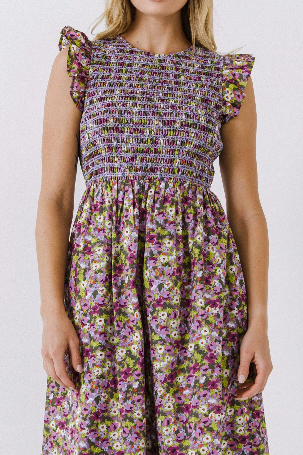 English Factory - Floral Smocked Sleeveless Midi Dress