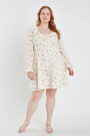 English Factory - Plus Size Floral Ruffled Neck Mini Dress