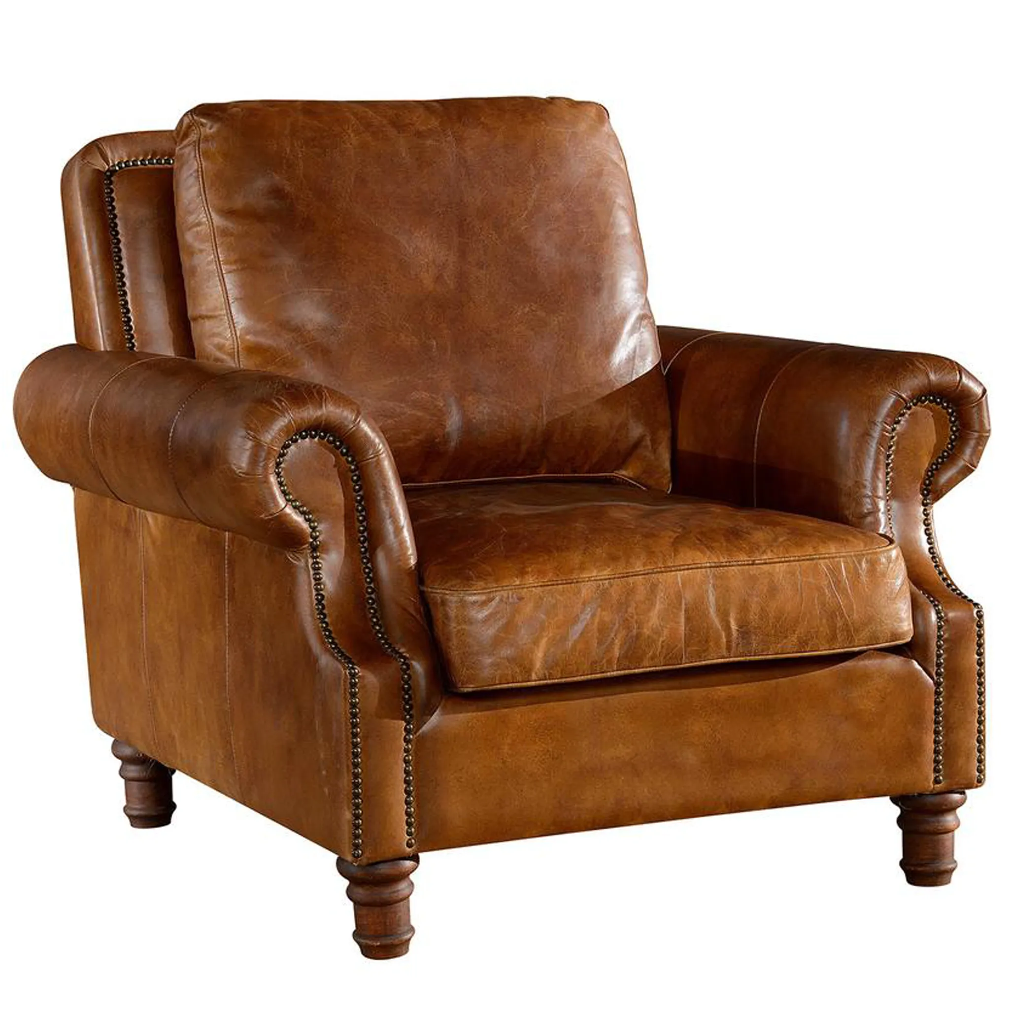 English Rolled Arm - Arm Chair - Light Brown Leather