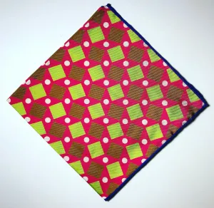 ENGLISH SILK POCKET SQUARE - RED WITH GREEN AND BROWN SQUARE PRINT