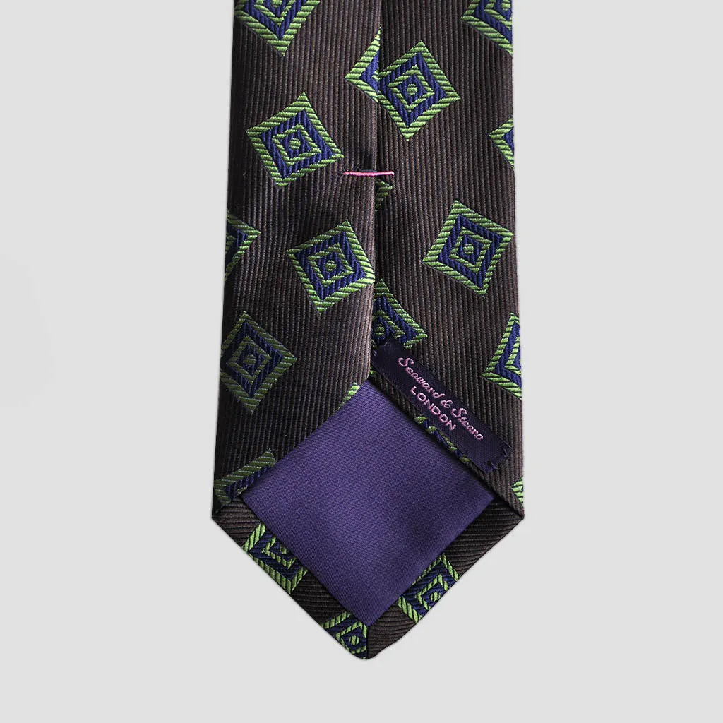 English Woven Silk Geometric Diamonds Tie in Brown, Lime & Blue