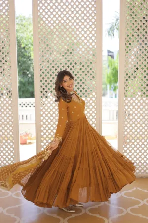 Enthralling Sequin Embroidered Mustard Yellow Gown with Designer Dupatta - Festive Wear