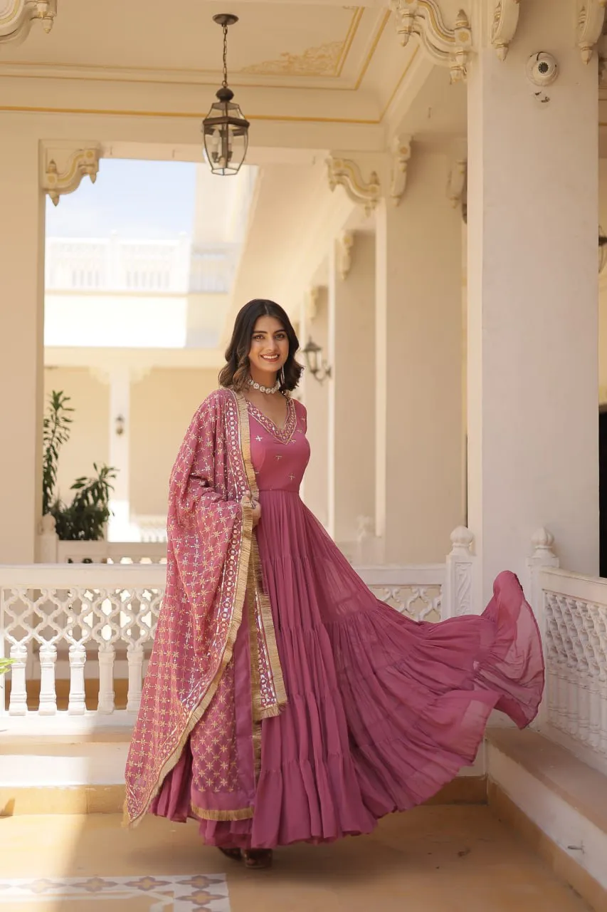 Enthralling Sequin Embroidered Onion Color Gown with Designer Dupatta - Festive Wear