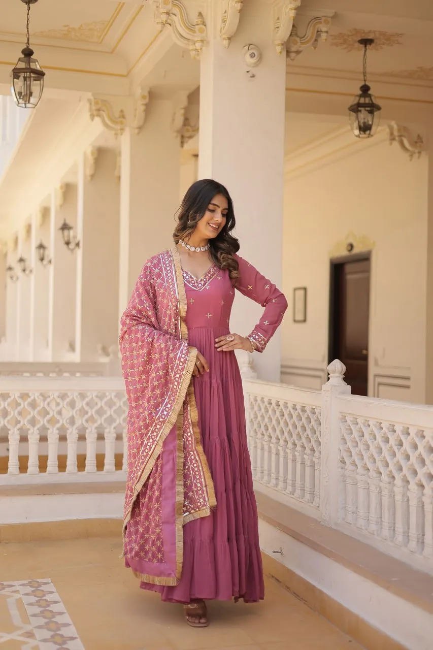 Enthralling Sequin Embroidered Onion Color Gown with Designer Dupatta - Festive Wear