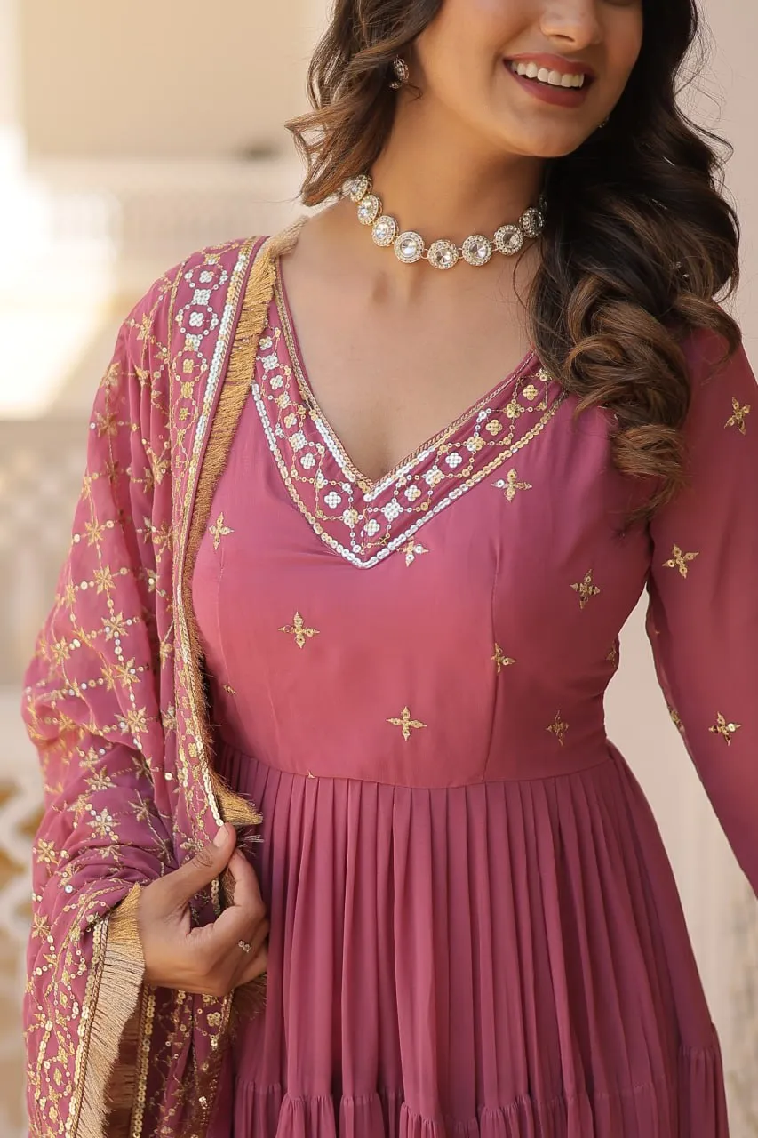 Enthralling Sequin Embroidered Onion Color Gown with Designer Dupatta - Festive Wear