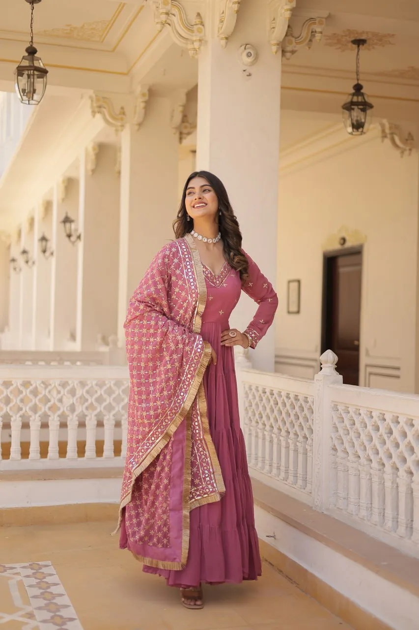 Enthralling Sequin Embroidered Onion Color Gown with Designer Dupatta - Festive Wear