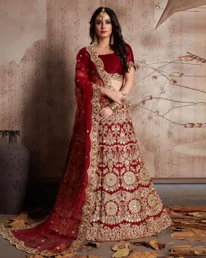 Enthralling Velvet Silk Maroon Lehenga Choli Set with Jari-Dori Embroidery