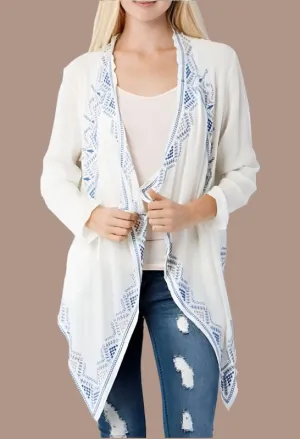 Entro Embroidered Drape Cardigan - Cream