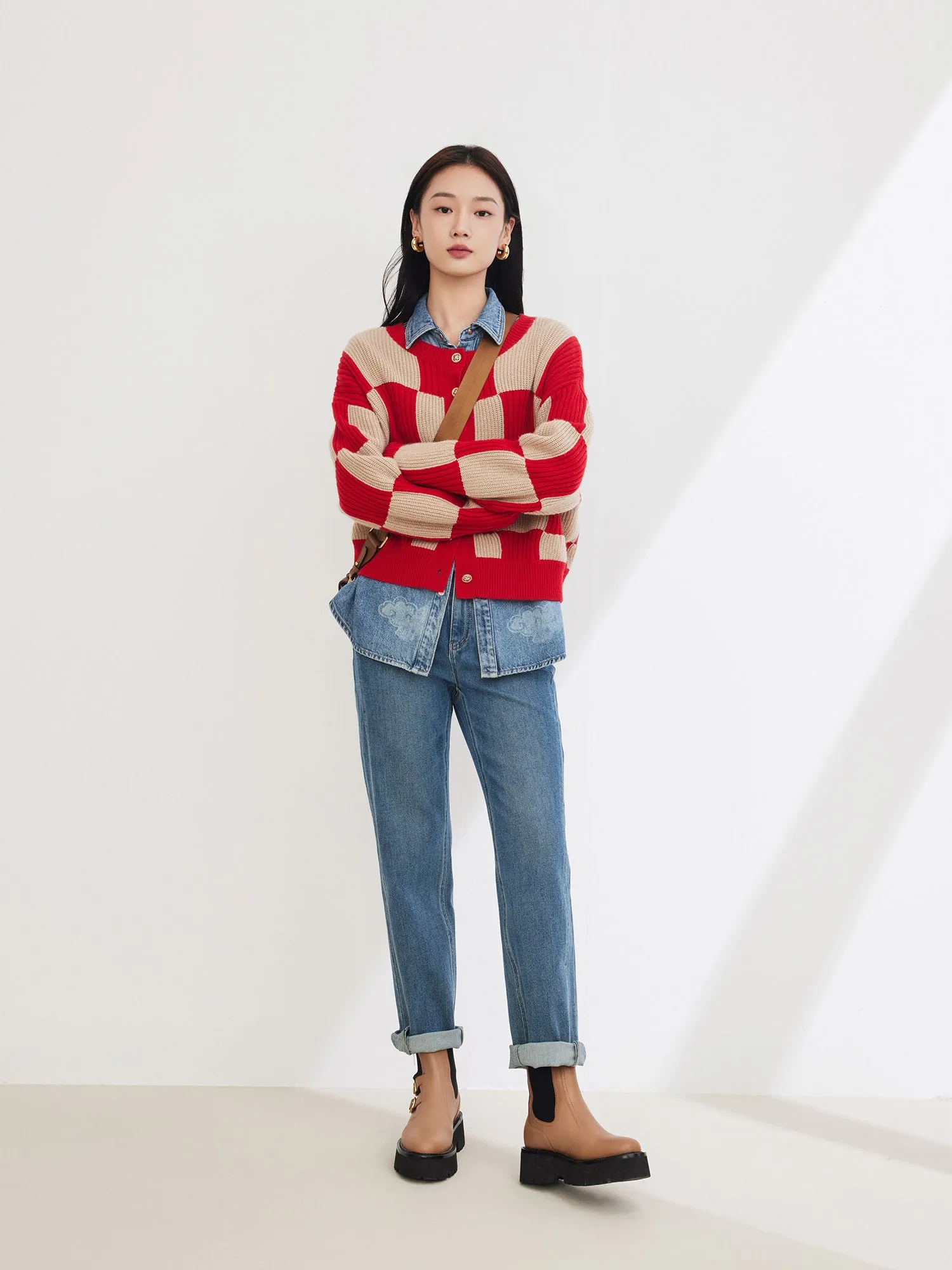 EP YAYING Plaid Short Knitted Cardigan