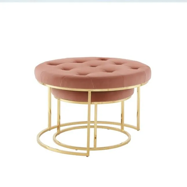 Ereteken ART Large Round 2 Coffee Table for Living Room, Button Tufted Cocktail Ottoman Coffee Table with Velvet Padded Seat Upholstered Farmhouse (Pink)