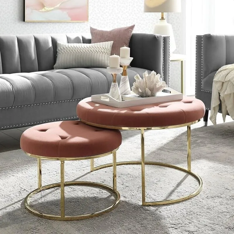 Ereteken ART Large Round 2 Coffee Table for Living Room, Button Tufted Cocktail Ottoman Coffee Table with Velvet Padded Seat Upholstered Farmhouse (Pink)