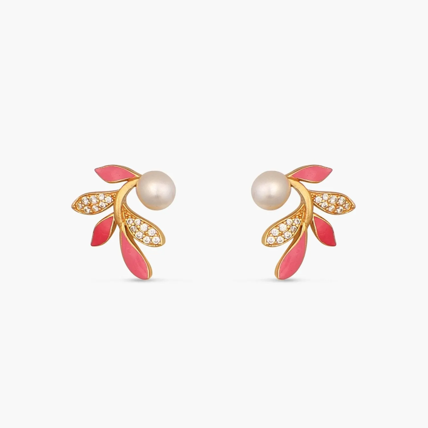 Eriha Pearl Delicate Pink Leaf Stud Earrings