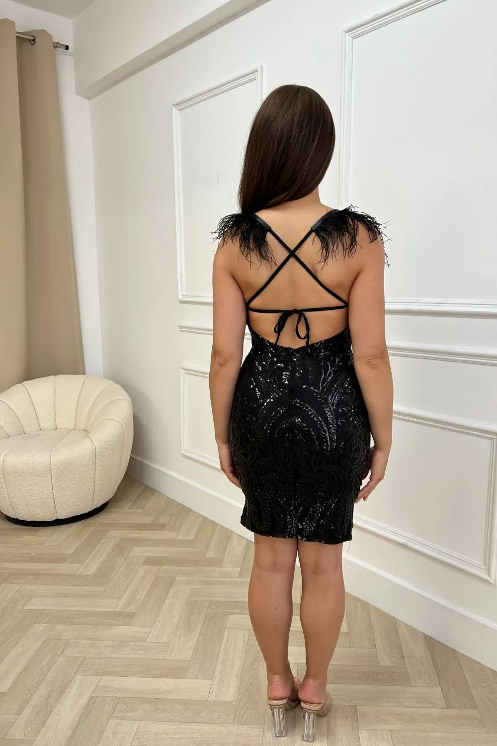 Escape Black Luxe Plunge Tribal Sequin Embellished Illusion Feather Open Back Dress