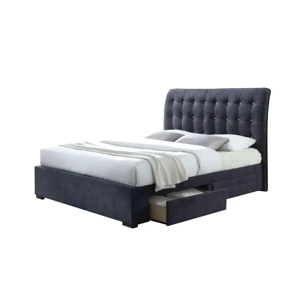 Esmeralda King Bed w/Four Side Drawer, Dark Gray Fabric