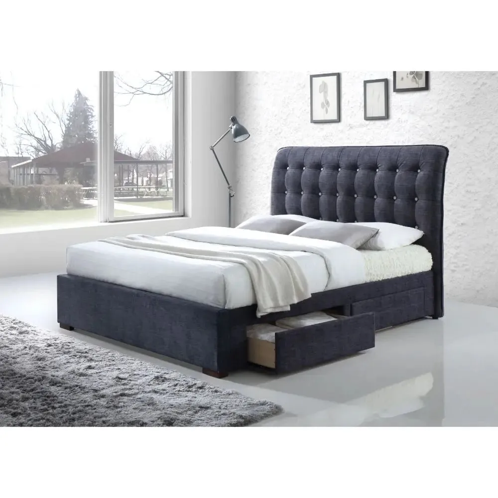 Esmeralda King Bed w/Four Side Drawer, Dark Gray Fabric