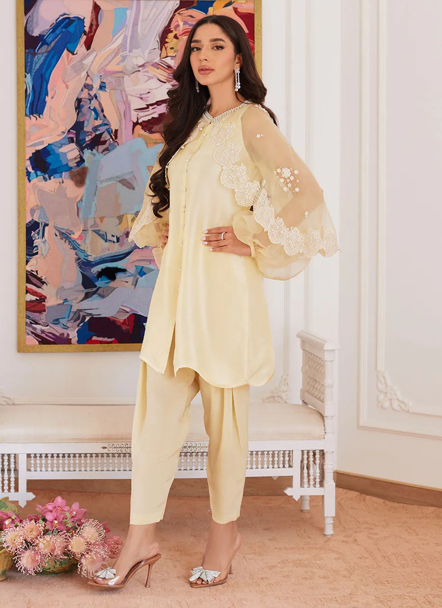 Esmeralda Pastel Yellow Raw Silk Shirt With Attached Cape