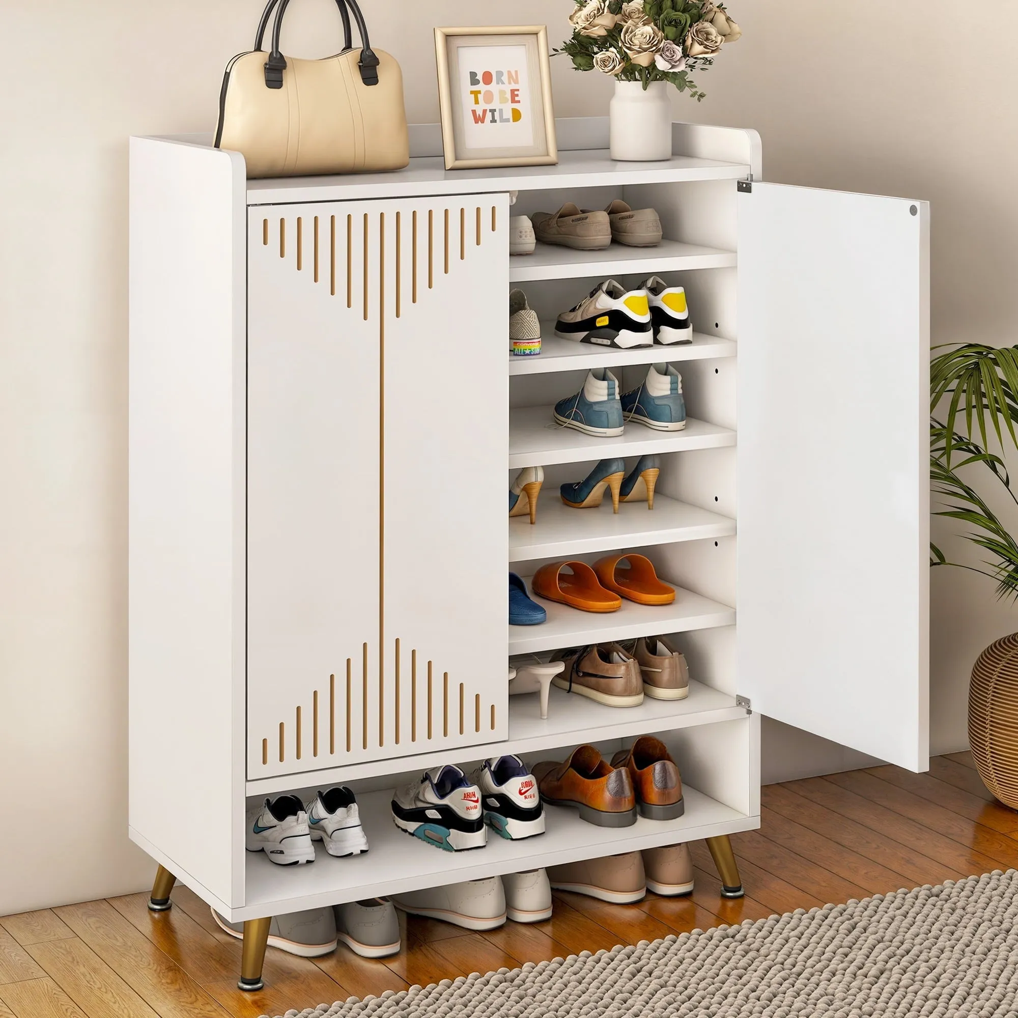 essential Shoe Cabinets with Adjustable Shelves & Doors, 7-Tier White Shoe Storage Cabinet Modern Freestanding Wood Shoe Organizer Cabinet Shoe Rack for Living Room Bedroom Hallway,White