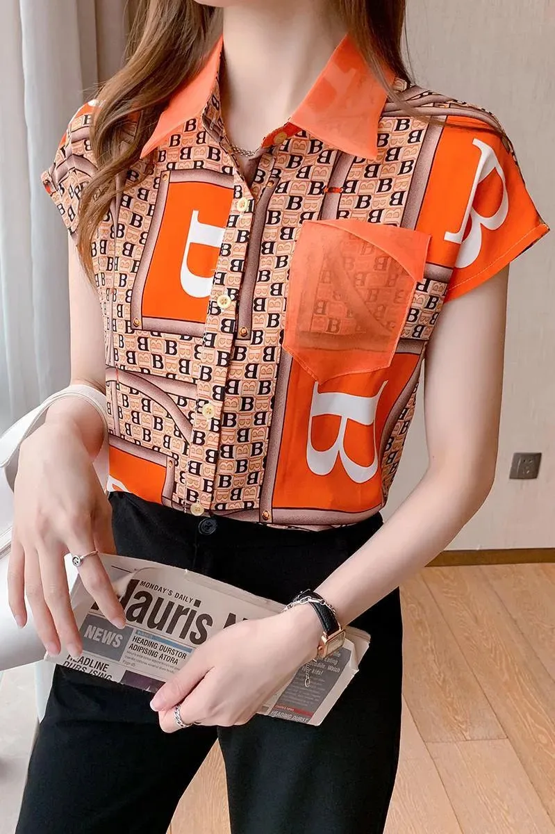 est summer Womans lattice Color short Sleeve Shirt ladies tops button up shirt Fashion Printed lapel Womens 210507