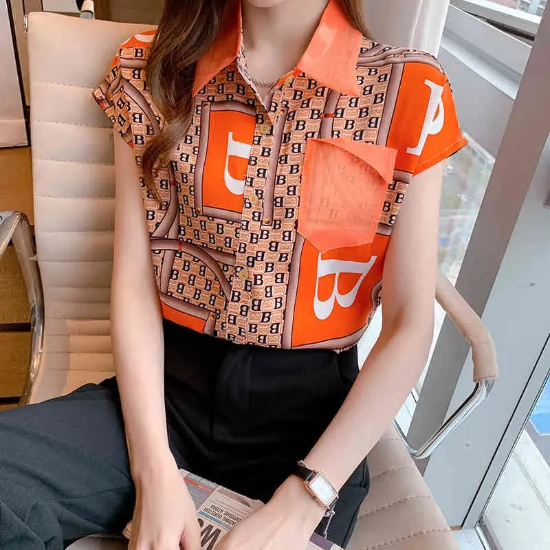 est summer Womans lattice Color short Sleeve Shirt ladies tops button up shirt Fashion Printed lapel Womens 210507