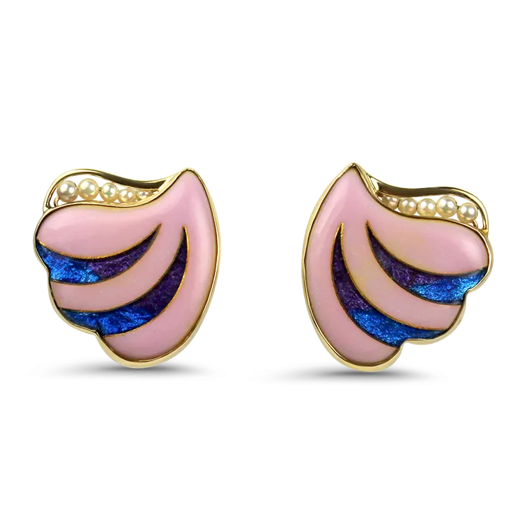 Estate 14K Yellow Gold Pearl Enamel Shell Stud Earrings