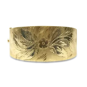 Estate 14K Yellow Hinged Engraved Bangle Bracelet