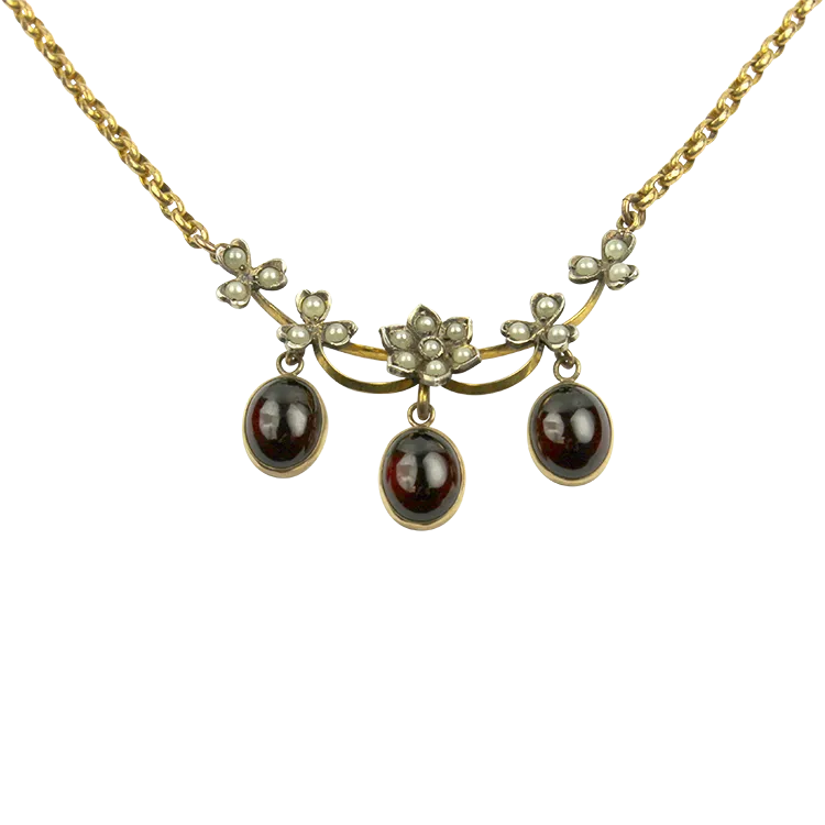 Estate 9K Yellow Gold Cabochon Garnet Necklace