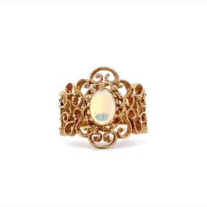 Estate Floral Themed Wide Yellow Gold Opal Ring