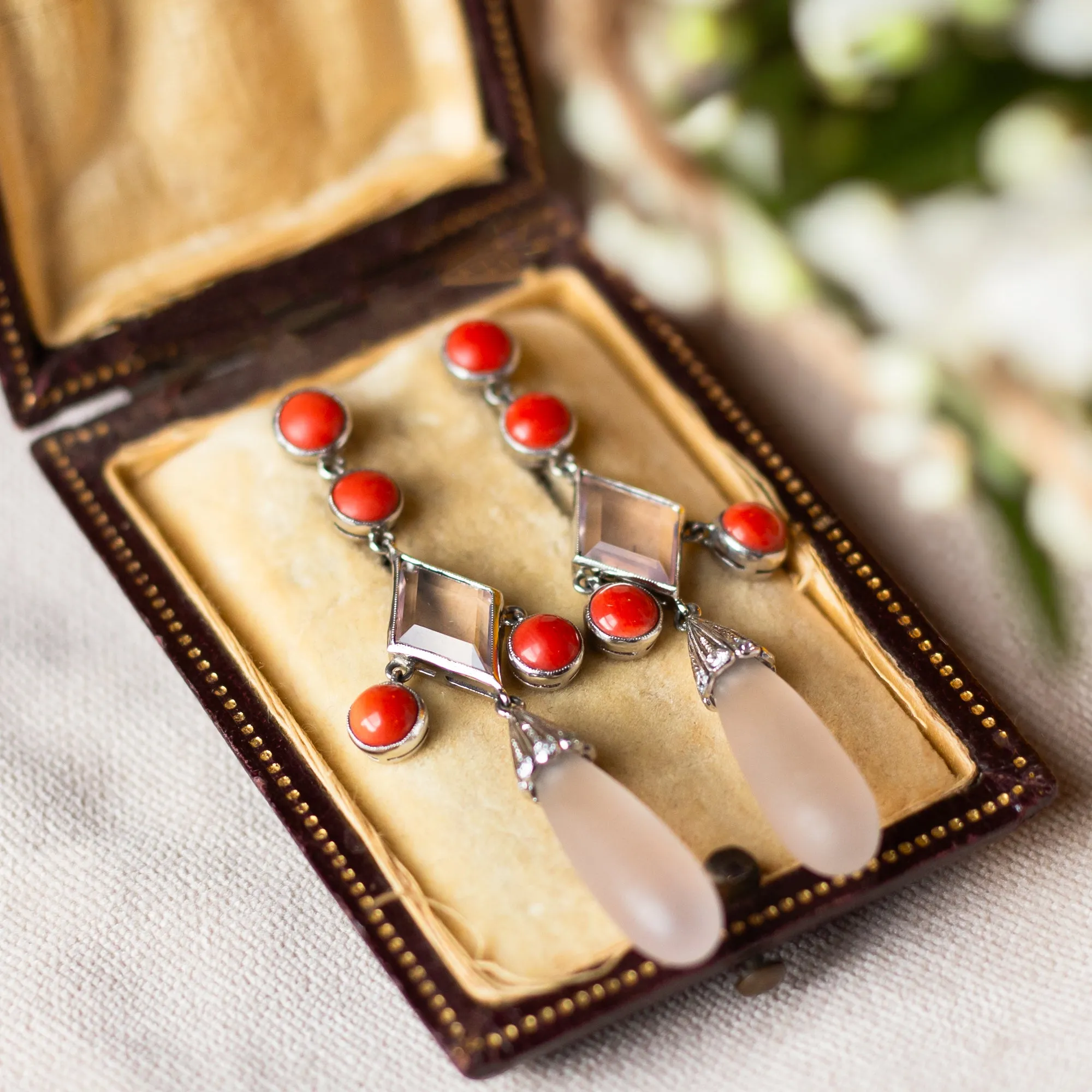 Estate Platinum, Diamond, Coral, and Rose Quartz Dangle Earrings