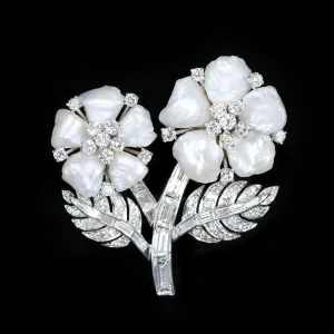 Estate Ruser 3.00 CTW Diamond and Baroque Pearl Brooch