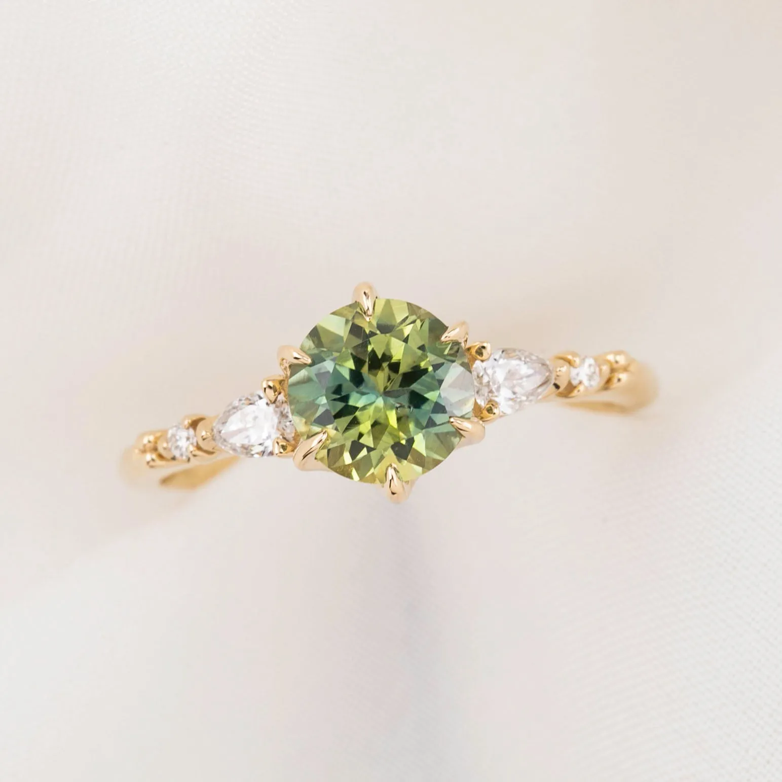 Estel Fleur Petal Ring 1.43ct/1.59ct Green Yellow Montana Sapphire, 14k Yellow Gold (One of a kind)