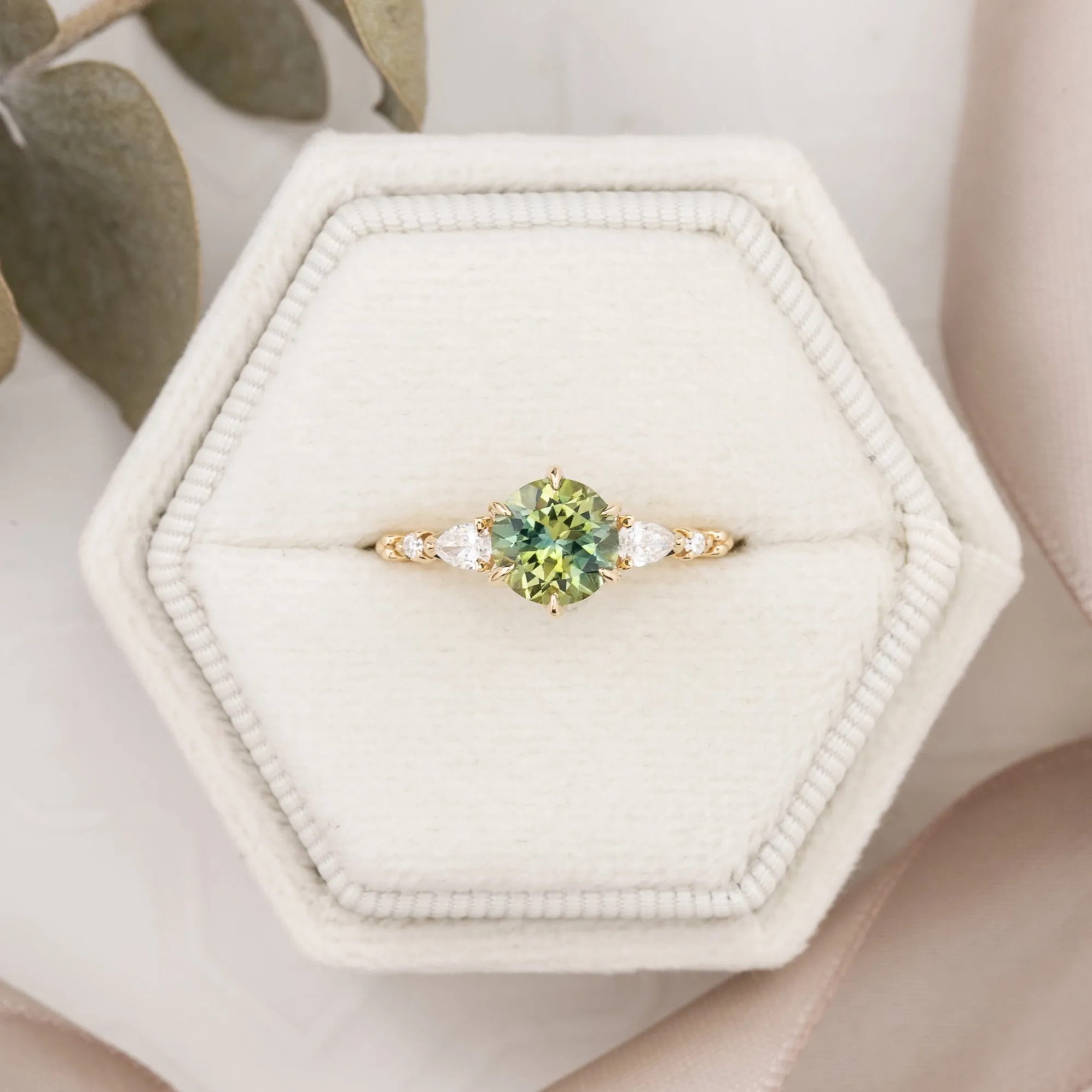 Estel Fleur Petal Ring 1.43ct/1.59ct Green Yellow Montana Sapphire, 14k Yellow Gold (One of a kind)