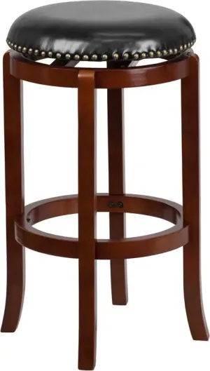 Estella 29'' Backless Light Cherry Wood Bar Stool w/Black Leather Swivel