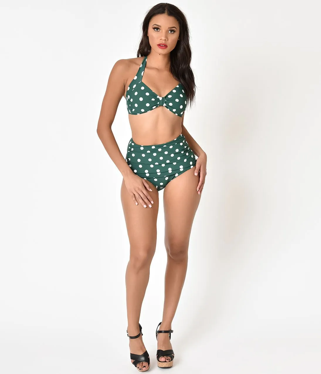 Esther Williams Retro 1950s Green & White Dot High Waist Swim Bottoms