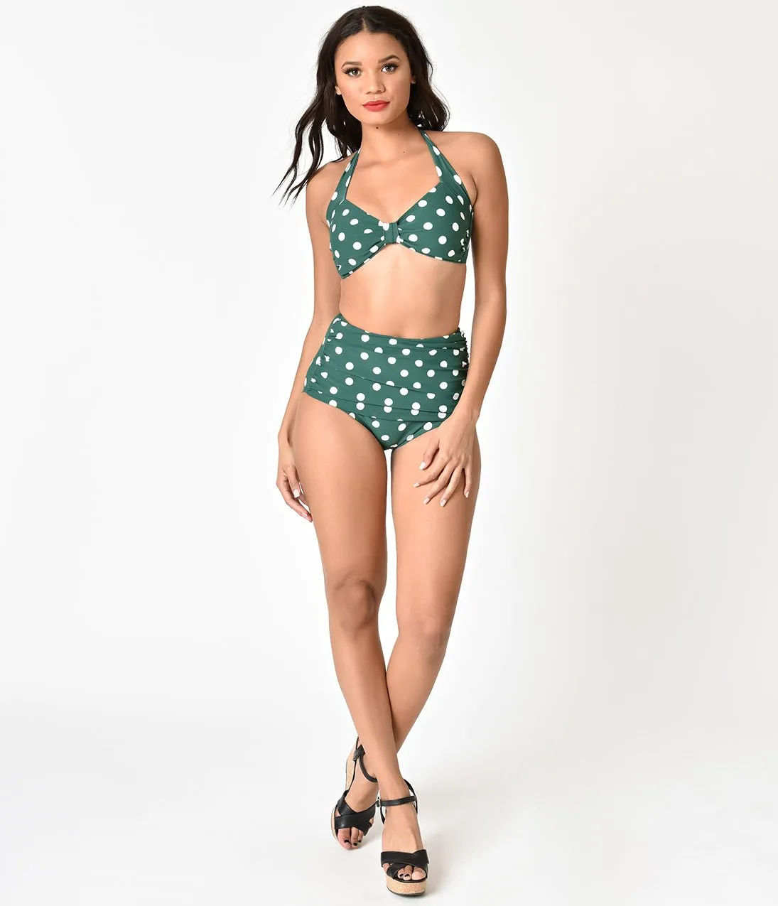 Esther Williams Retro 1950s Green & White Dot High Waist Swim Bottoms