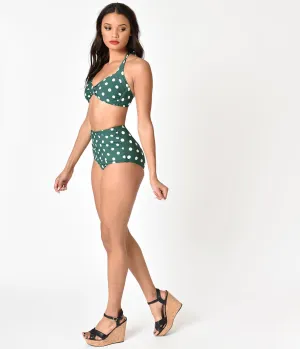 Esther Williams Retro 1950s Green & White Dot High Waist Swim Bottoms