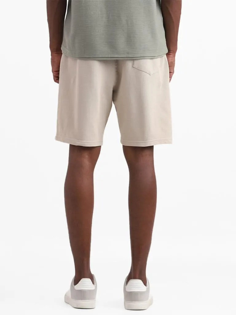 ETA Beige Solid Cotton Slim-Fit Mid-Rise Shorts